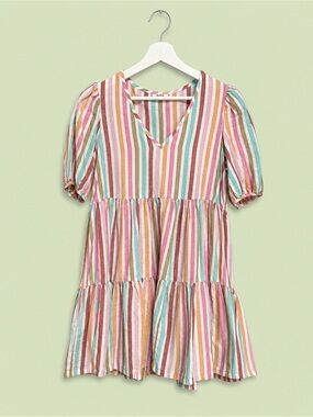 Striped V-Neck Women’s Mini Dress in Pink, Teal, Yellow, Brown, Cream